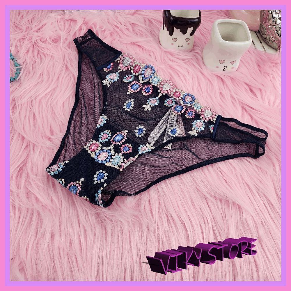 NWT Victoria's Secret Blue Embroidery Cheekini: Elegance in Every Detail Small N